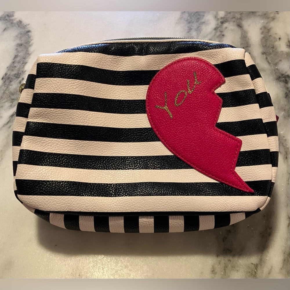Betsey Johnson black & white stripe polka dot pink half heart “You” cosmetic bag